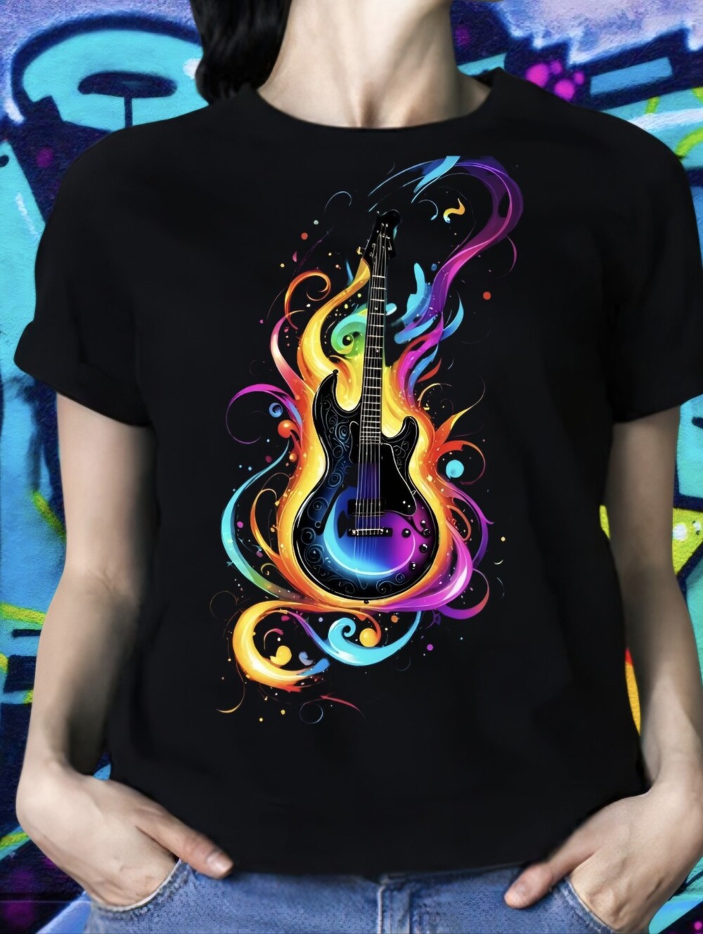 Luxury Black Neon Electric Guitar Streetwear Graphic Tee